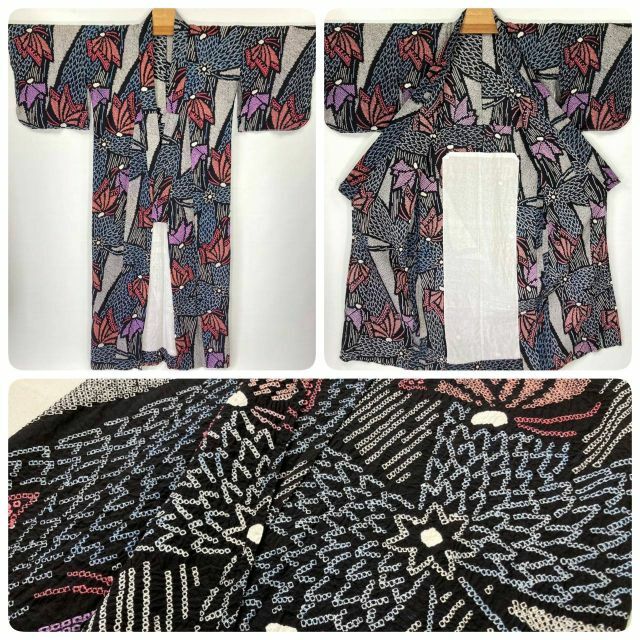 未使用【浴衣】有松絞り 希少品 蝶 狢菊 綿 有松鳴海絞り 黒 紫 赤 057
