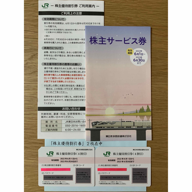 JR東日本株主優待割引券(４割引) 2枚、株主サービス券冊子 1冊