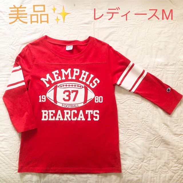 Champion(チャンピオン)のチャンピオン　七分袖Tシャツ　アメフト　Mサイズ　赤　美品 レディースのトップス(Tシャツ(長袖/七分))の商品写真