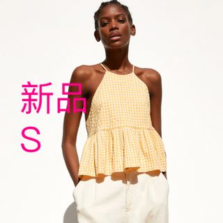 ザラ(ZARA)のZARA ギンガムチェック柄 トップス イエロー S 新品(キャミソール)