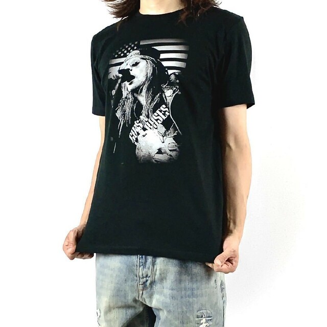 新品 ガンズアンドローゼス ヴォーカル アクセルローズ 白黒 星条旗 Tシャツ メンズのトップス(Tシャツ/カットソー(半袖/袖なし))の商品写真
