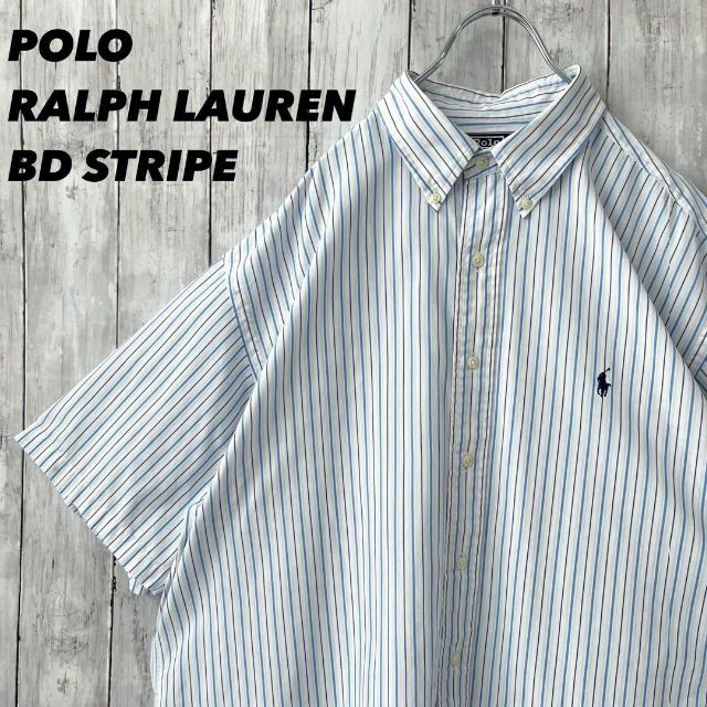 POLO RALPH LAUREN(ポロラルフローレン)の90sヴィンテージ古着ポロラルフローレン　半袖刺繍ロゴストライプBDシャツ白青. メンズのトップス(シャツ)の商品写真