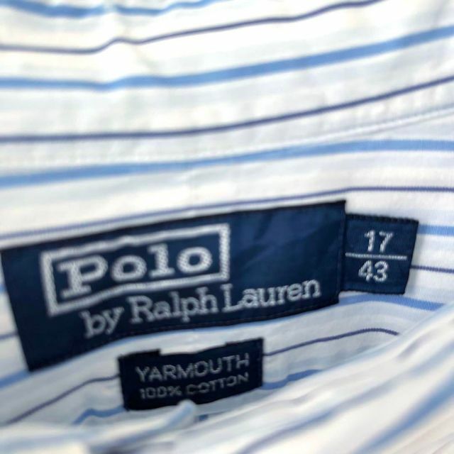 90sヴィンテージポロラルフローレン　半袖刺繍ロゴストライプBDシャツ白青.