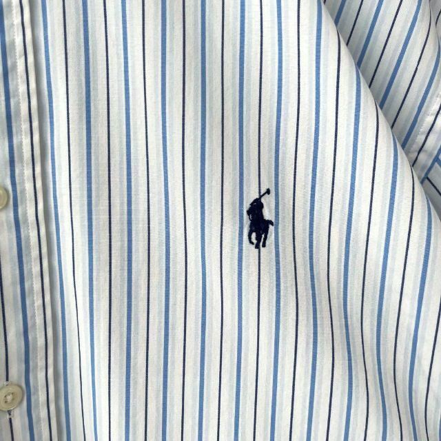 POLO RALPH LAUREN(ポロラルフローレン)の90sヴィンテージ古着ポロラルフローレン　半袖刺繍ロゴストライプBDシャツ白青. メンズのトップス(シャツ)の商品写真
