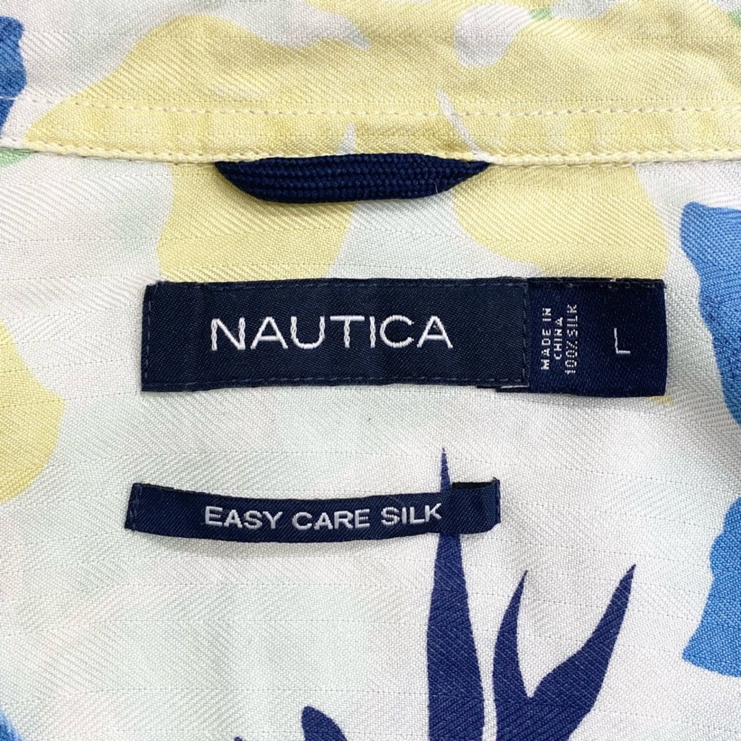 NAUTICA(ノーティカ)のUS古着 ノーティカ NAUTICA シルク アロハシャツ 半袖 総柄 花柄 サイズ：メンズ L オフホワイト×ライトイエロー×ライトブルー【中古】 メンズのトップス(シャツ)の商品写真