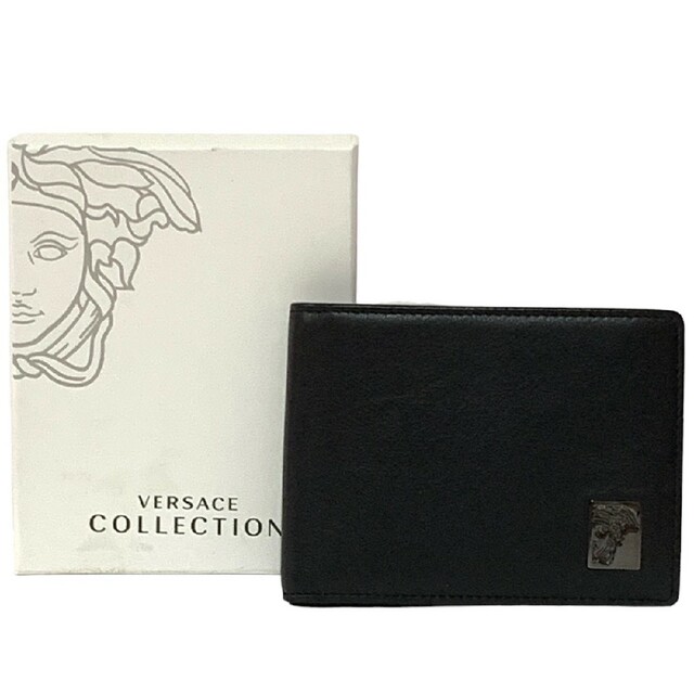 【未使用品】ヴェルサーチ 二つ折り財布 ハーフメデューサ 絵柄プレート ブラック折り財布