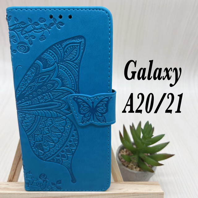  Galaxy A20 A21 手帳型 ケース　バタフライ　ブルー　匿名配送 スマホ/家電/カメラのスマホアクセサリー(Androidケース)の商品写真