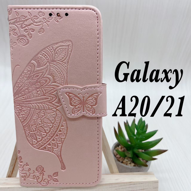  Galaxy A20 A21 手帳型 ケース　バタフライ　薄ピンク　匿名配送 スマホ/家電/カメラのスマホアクセサリー(Androidケース)の商品写真