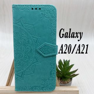  Galaxy A20 A21 手帳型 ケース　太陽の曼荼羅　ミントグリーン　(Androidケース)