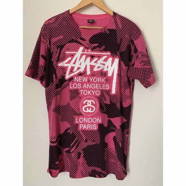 stussy ワールドツアーTシャツ ピンクドット柄　L