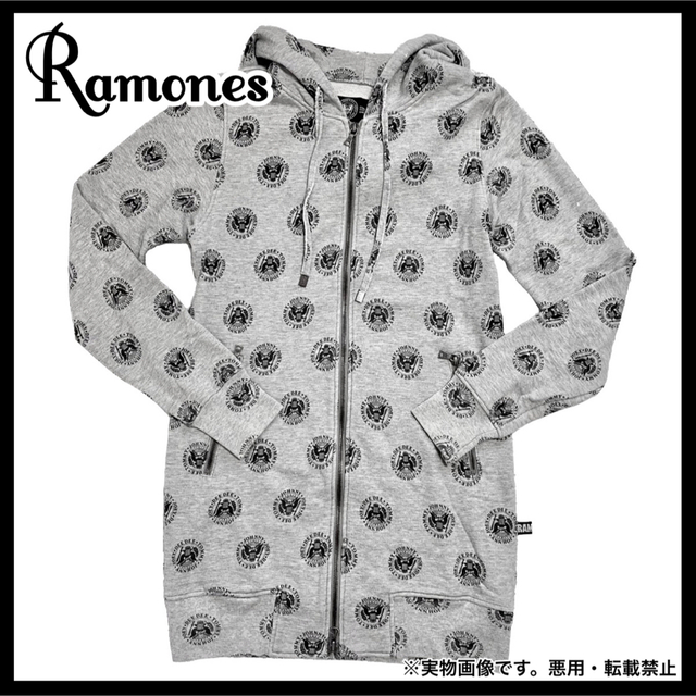 RAMONES グレー フード付き ロングパーカー ワンピース ロゴデザイン