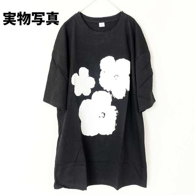 2XL　黒　花柄 Tシャツ　体型カバー　レディース　綿100％　大きいサイズ レディースのトップス(Tシャツ(半袖/袖なし))の商品写真