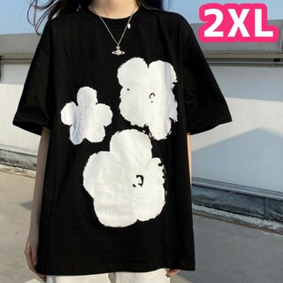 2XL　黒　花柄 Tシャツ　体型カバー　レディース　綿100％　大きいサイズ(Tシャツ(半袖/袖なし))