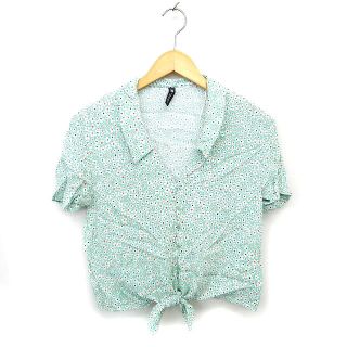 ザラ(ZARA)のザラ 開襟シャツ ブラウス 透け感 リボン クロップド 花柄 半袖 XS(シャツ/ブラウス(半袖/袖なし))