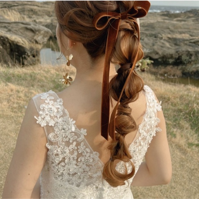 ブラウン ベロアリボン ブライダルアクセサリー 結婚式 - ヘアアクセサリー