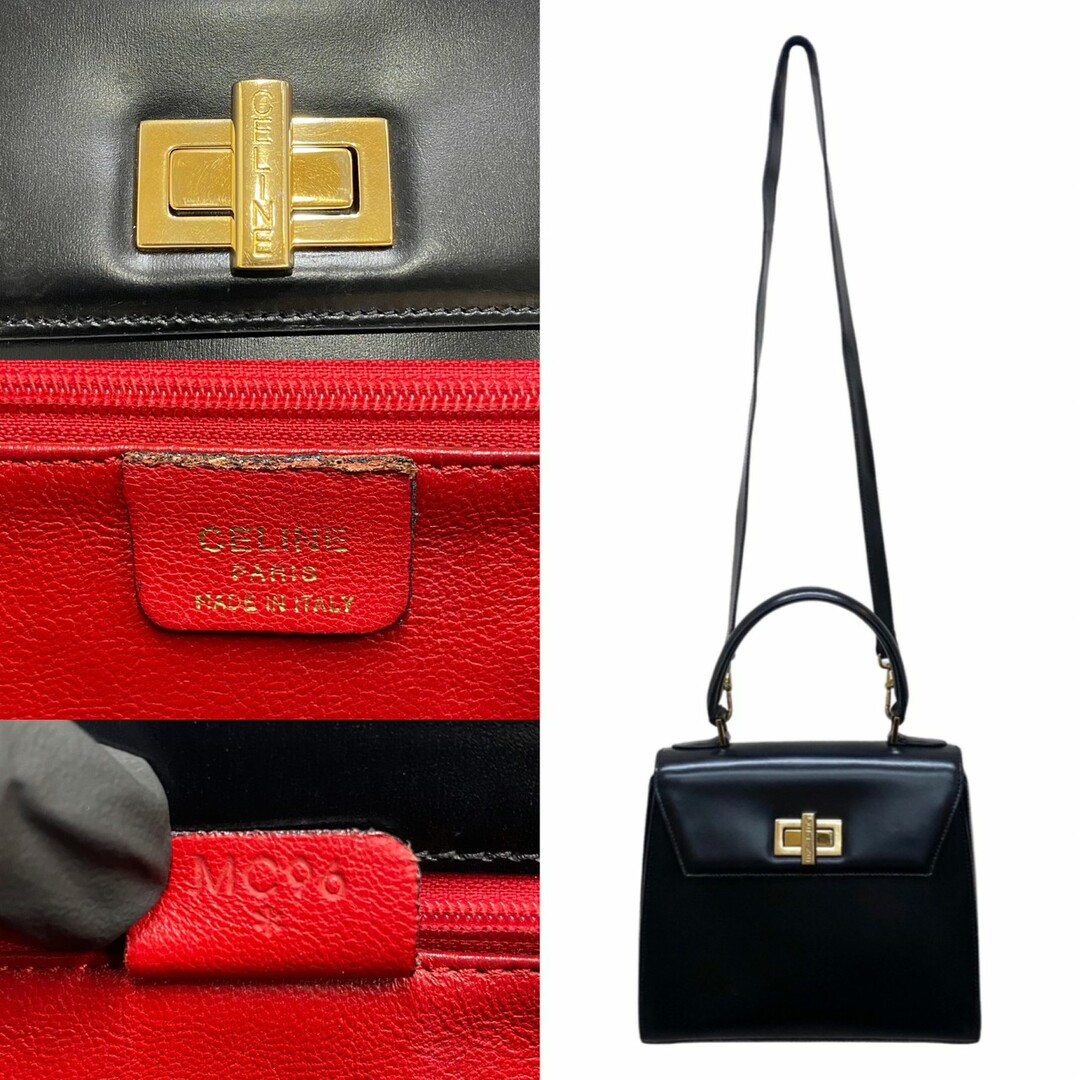 celine(セリーヌ)の美品 CELINE セリーヌ ヴィンテージ ロゴ ターンロック 金具 カーフ レザー 本革 2way ハンドバッグ ショルダーバッグ ブラック 17100 レディースのバッグ(ハンドバッグ)の商品写真