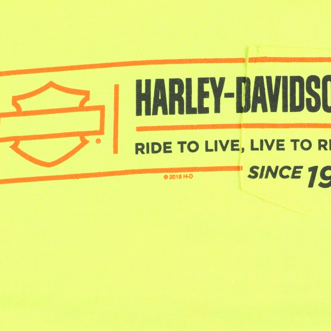 ハーレーダビッドソン Harley-Davidson 蛍光 両面プリント 胸ポケット モーターサイクル バイクTシャツ メンズL /eaa342747