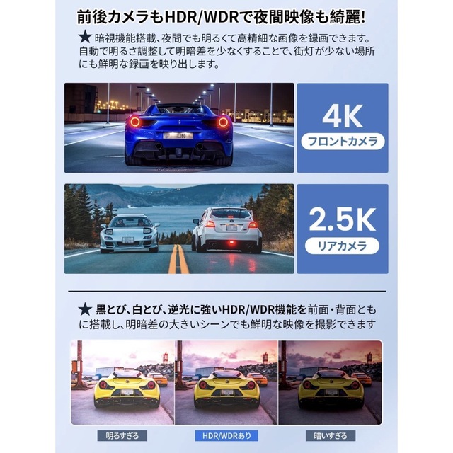 ドライブレコーダー ミラー型【前4K後2.5K】2160P解像度 12インチの
