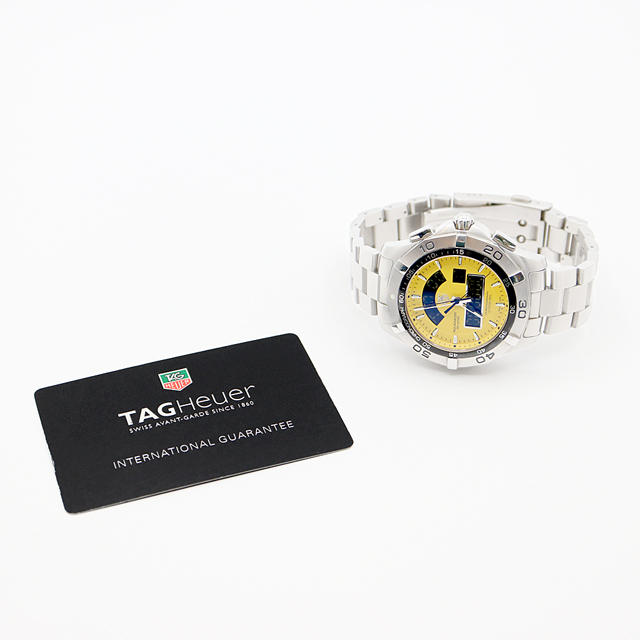 TAG Heuer(タグホイヤー)の電池交換済 TAG Heuer タグホイヤー アクアレーサー クロノタイマー クロノグラフ CAF1011 BA0821 300m防水 黄色 イエロー SS ステンレス メンズ デジアナ クォーツ【6ヶ月保証】【腕時計】【中古】 メンズの時計(腕時計(アナログ))の商品写真