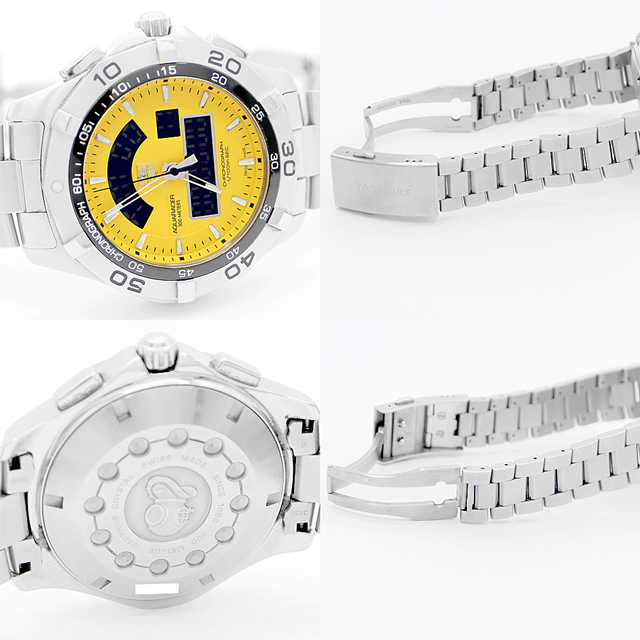 TAG Heuer(タグホイヤー)の電池交換済 TAG Heuer タグホイヤー アクアレーサー クロノタイマー クロノグラフ CAF1011 BA0821 300m防水 黄色 イエロー SS ステンレス メンズ デジアナ クォーツ【6ヶ月保証】【腕時計】【中古】 メンズの時計(腕時計(アナログ))の商品写真