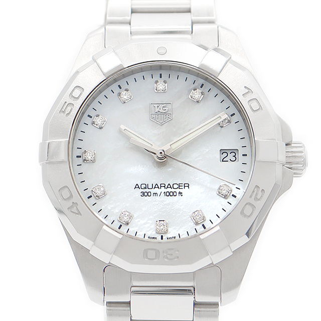 ＡＢ電池交換済 TAG Heuer タグホイヤー アクアレーサー WAY1313 BA0915 300m防水 デイト 11Pダイヤモンド 白 ホワイト シェル SS ステンレス レディース クォーツ【6ヶ月保証】【腕時計】