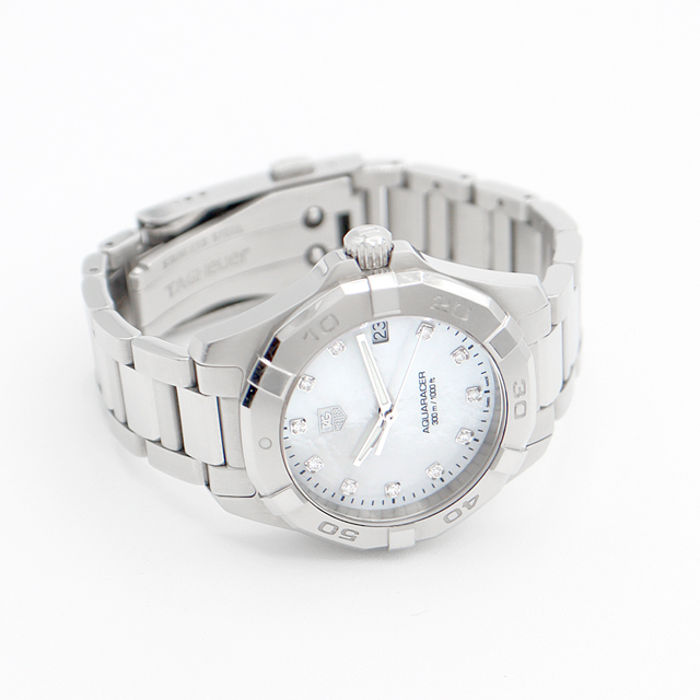 電池交換済 TAG Heuer タグホイヤー アクアレーサー WAY1313 BA0915 300m防水 デイト 11Pダイヤモンド 白 ホワイト シェル SS ステンレス レディース クォーツ【6ヶ月保証】【腕時計】