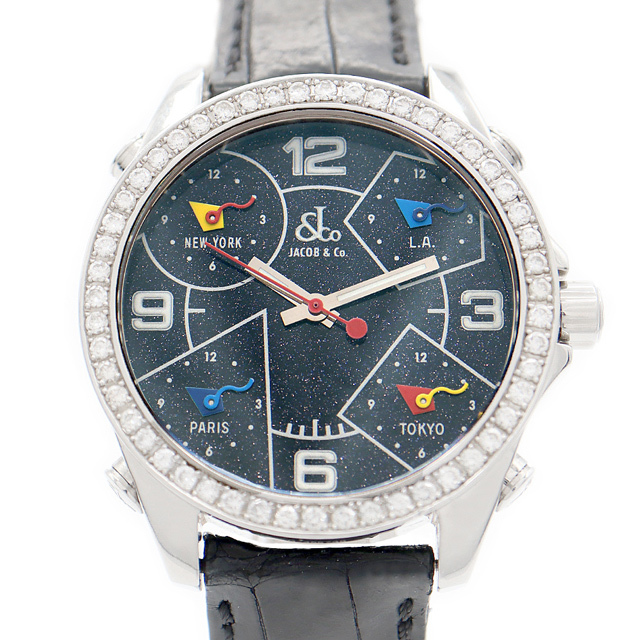 電池交換済 JACOB&Co. ジェイコブ ファイブタイムゾーン 40mm ダイヤモンドベゼル 黒 ブラックラメ SS ステンレス 純正ベルト 純正尾錠 レディース ボーイズ メンズ 男女兼用 クォーツ 5タイム【6ヶ月保証】【腕時計】【中古】 | フリマアプリ ラクマ