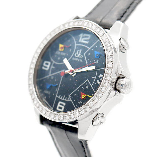 電池交換済 JACOB&Co. ジェイコブ ファイブタイムゾーン 40mm ダイヤモンドベゼル 黒 ブラックラメ SS ステンレス 純正ベルト 純正尾錠 レディース ボーイズ メンズ 男女兼用 クォーツ 5タイム【6ヶ月保証】【腕時計】【中古】