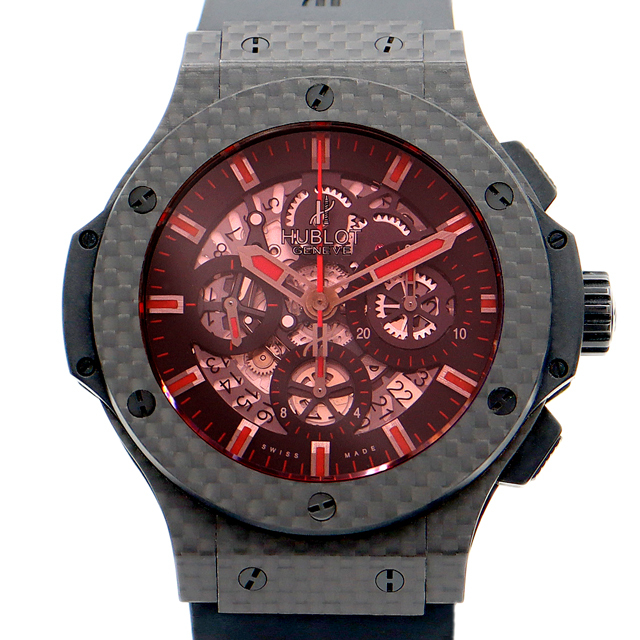 内部点検済 HUBLOT ウブロ ビッグバン アエロバン レッドマジックカーボン 311.QX.1134.RX クロノグラフ デイト 黒 ブラック スケルトン カーボン 純正ベルト 純正尾錠 メンズ 自動巻き【6ヶ月保証】【腕時計】