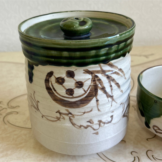織部焼　加藤五陶造　水差と抹茶茶碗のセット　茶道具　抹茶碗 煎茶道具　和食器