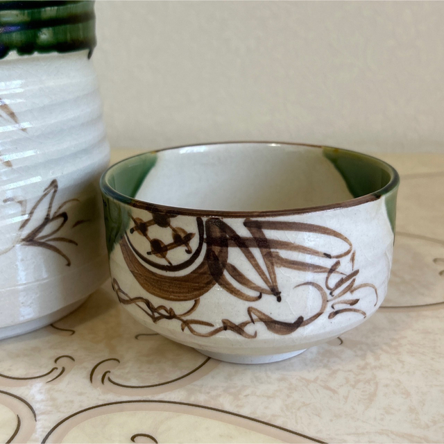 織部焼 加藤五陶造 水差と抹茶茶碗のセット 茶道具 抹茶碗 煎茶道具 和