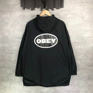 『OBEY』オベイ (M) コットンフードジャケット / ロゴプリント ブラック