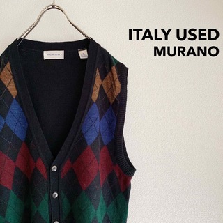 イタリア製 “MURANO” Old Knit Vest / アーガイル柄 黒(ベスト)