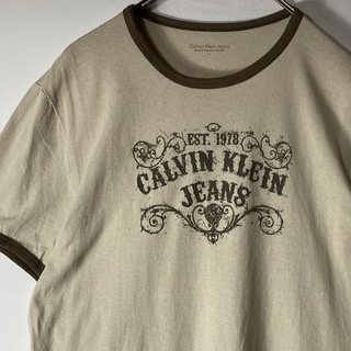 カルバンクライン(Calvin Klein)のCalvin Klein リンガー トリム Tシャツ Y2K ベージュ L(Tシャツ/カットソー(半袖/袖なし))