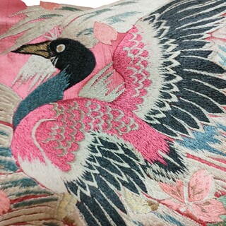 名古屋帯　刺繍　ししゅう　鳥　正絹　シルク　きぬ　繻子織り　トロトロ　古い(着物)