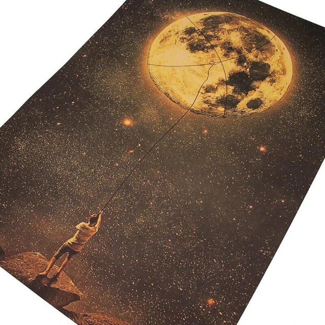 K067 月を捕まえる少年 ポスター 星空 満月 インテリア アンティーク エンタメ/ホビーのアニメグッズ(ポスター)の商品写真