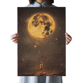 K067 月を捕まえる少年 ポスター 星空 満月 インテリア アンティーク(ポスター)