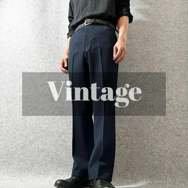 【vintage】ジャージ生地 セミ フレア レトロ スラックス W38 濃紺