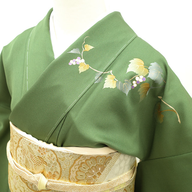 すごい値!訪問着 袷 着物 正絹 ぼかし染 抹茶色 葡萄 ぶどう 地紙 梅