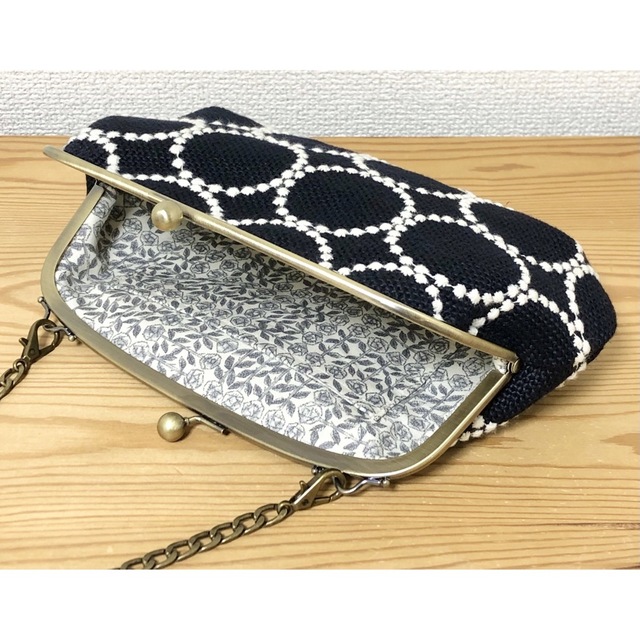 ハンドメイド がま口バッグ ポーチ タンバリン 紺色 ネイビー ミナ