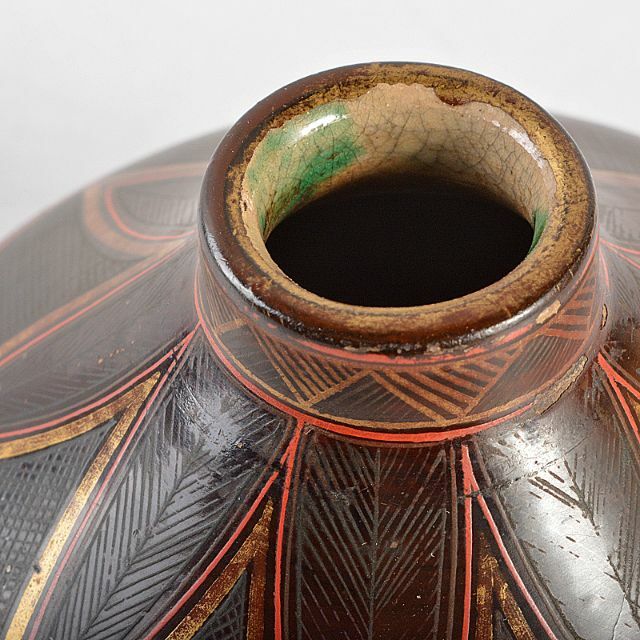 【国内在庫】 鳳凰魚糸蒔絵 豊楽焼 油壷 陶芸 R5845 M 時代箱付 工芸品