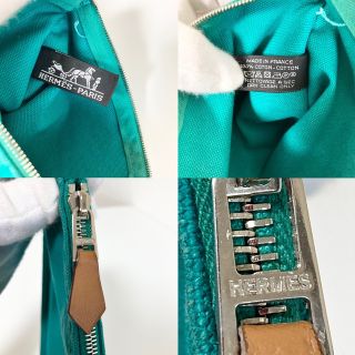 HERMES エルメス キャンバス フラット ポーチ グリーン 緑 シルバー金具