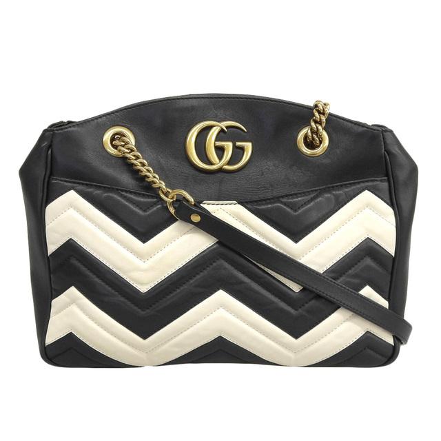 【本物保証】 グッチ GUCCI GGマーモント チェーンショルダーバッグ レザー ブラック ホワイト 443501 493075 ストライプ ハート | フリマアプリ ラクマ