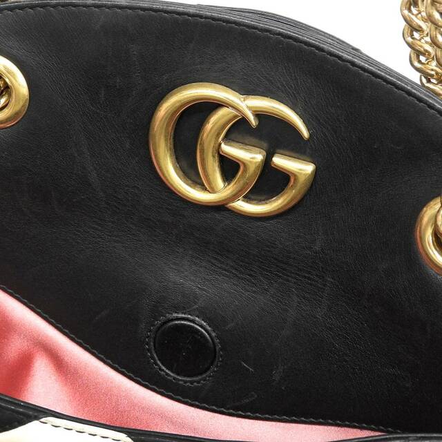 【本物保証】 グッチ GUCCI GGマーモント チェーンショルダーバッグ レザー ブラック ホワイト 443501 493075 ストライプ ハート