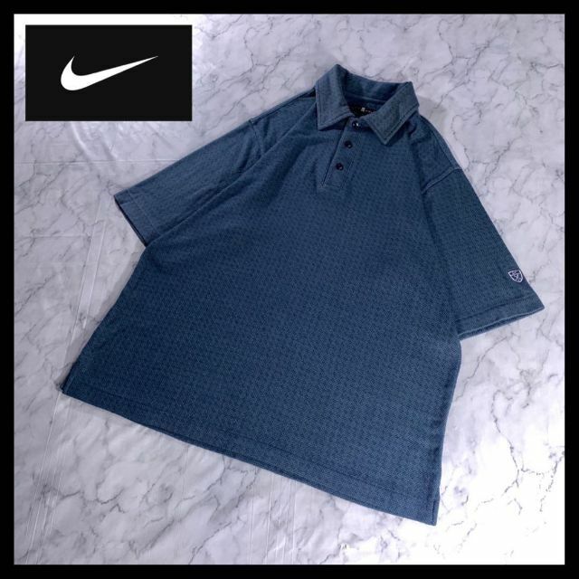 00s NIKE GOLF ポロシャツ 緑 ネイビー タイガーウッズ L 織柄