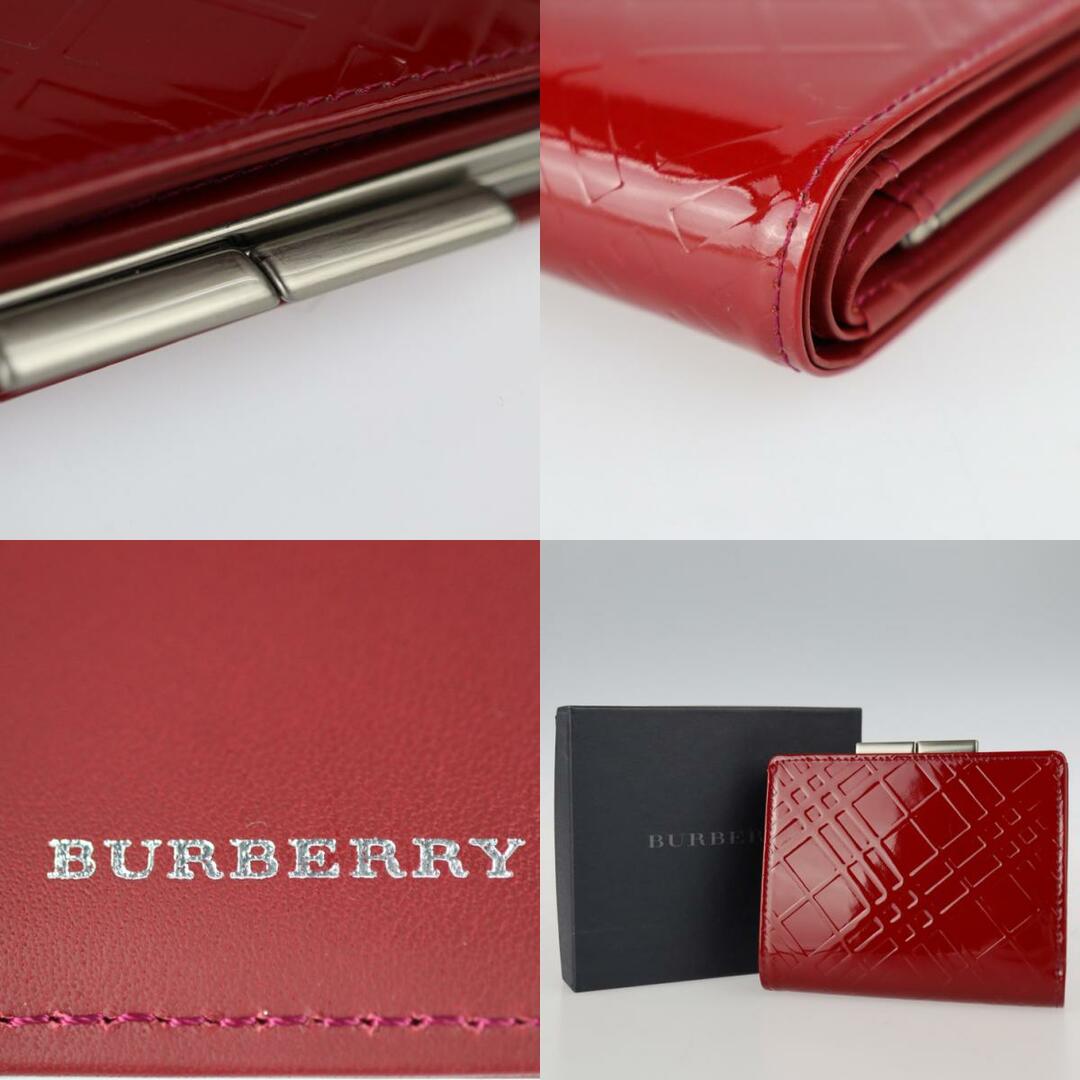 BURBERRY バーバリー 財布 二つ折り財布 エナメル レッド シルバー金具 がま口 チェック柄 【本物保証】