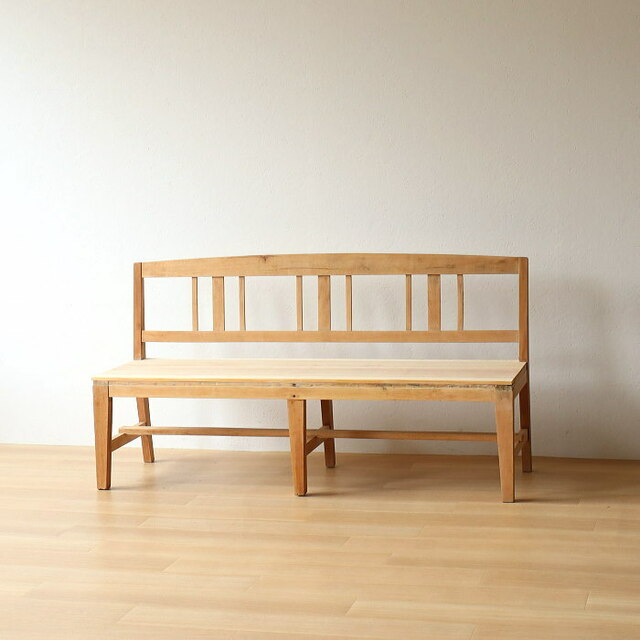 アンティーク 無垢材 背付きベンチ 古家具 無塗装 長椅子 木製 | フリマアプリ ラクマ