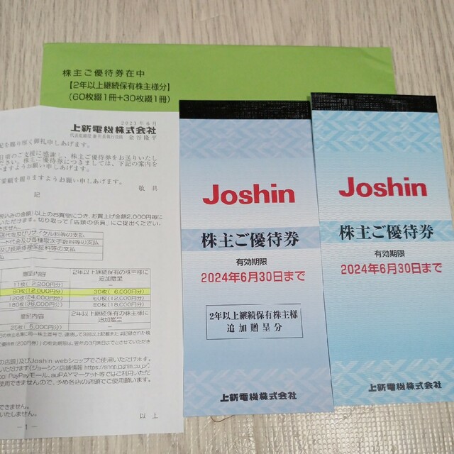 上新電機　ジョーシン　株主優待　18000円分 　200円×90枚のサムネイル