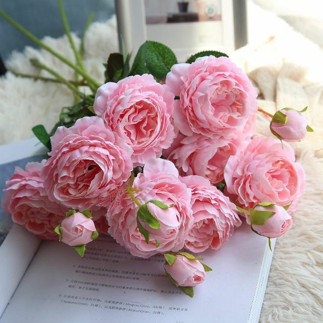 【色: ピンク】造花 インテリア アートフラワー 花束 ウエスタンローズフラワー 1