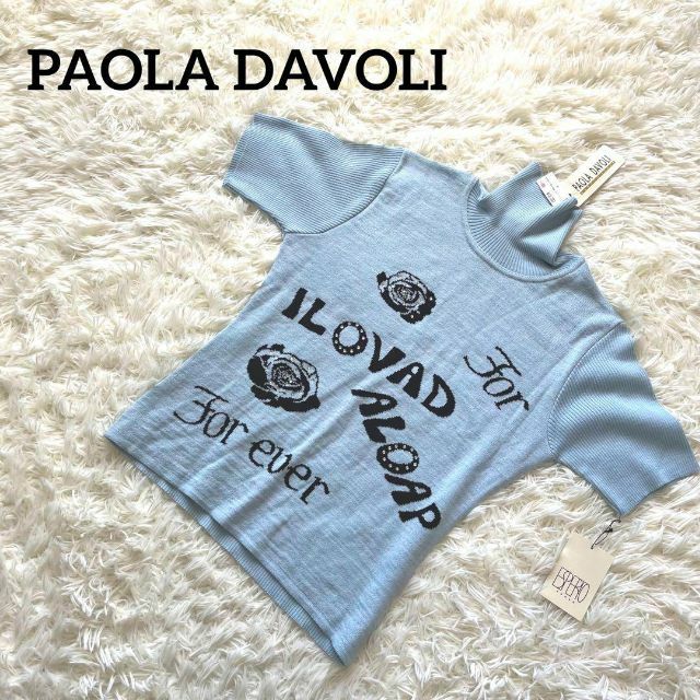 PAOLA DAVOLI 新品　タグ付き　水色　花　半袖　ニット レディースのトップス(Tシャツ(半袖/袖なし))の商品写真